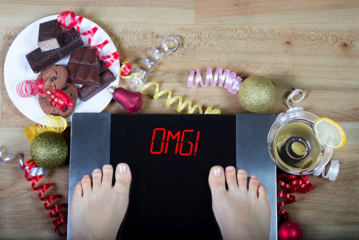 A woman weighting herself after the holidays. The scale says "OMG!"
