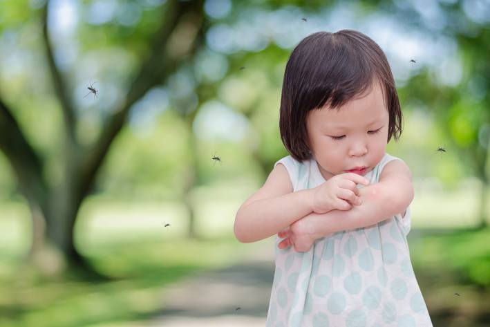A little girl being swarmed by mosquitos, scratching a bite.