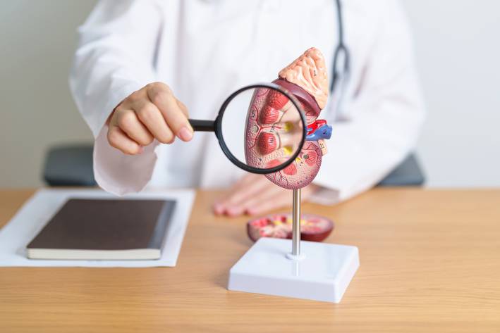 a doctor showing a model of a kidney under a magnifying glass