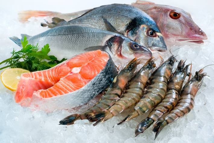 fresh fish and shrimp on a bed of ice
