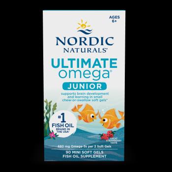 White box of Nordic Naturals Ultimate Omega Junior, decorated with orange fish.