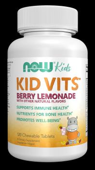 White bottle of NOW Kids Kid Vits with a cute hippo displayed on label.