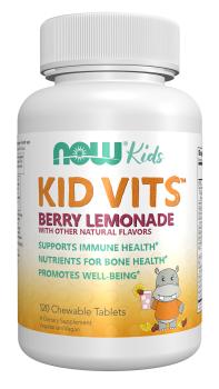 White bottle of NOW Kids Kid Vits with a cute hippo displayed on label.
