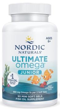 White box of Nordic Naturals Ultimate Omega Junior, decorated with orange fish.