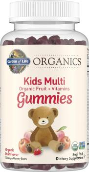 Bottle of Garden of Life Organics Kids Multi Organic Fruit + Vitamins Gummies with cheerful teddy bear on label.