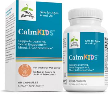 Aqua and white box of Terry Naturally Calm Kids.