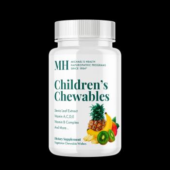 A white bottle of Michael's Health Children's Chewables with a cluster of fruit depicted on label. 