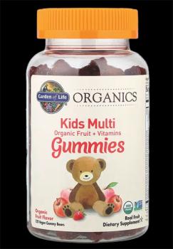 Bottle of Garden of Life Organics Kids Multi Organic Fruit + Vitamins Gummies with cheerful teddy bear on label.