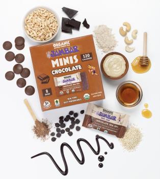 A box of JAMBAR Minis Chocolate surrounded by wholesome ingredients.