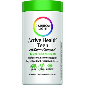 White bottle with green cap of Rainbow Light Active Health Teen