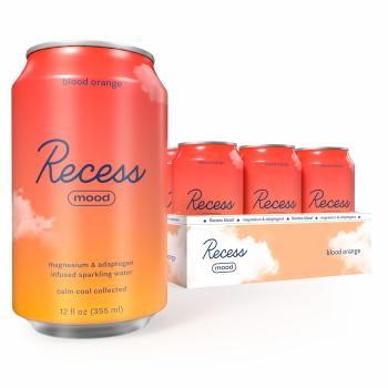 Mango colored can of Recess Mood Drink Blood Orange with more cans in the background.