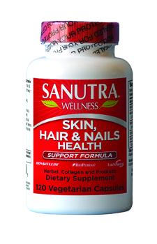 Red label on white supplement bottle from Sanutra Skin, Hair & Nails Health