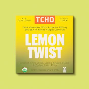 Yellow box of Tcho Lemon Twist Dark Chocolate