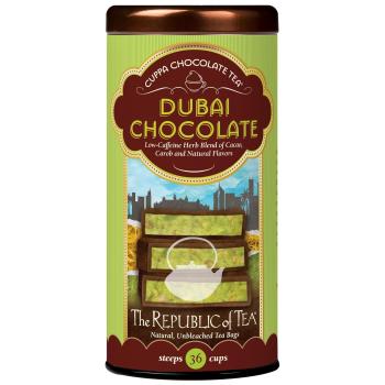 Green and brown bottle of The Republic of Tea Dubai Chocolate