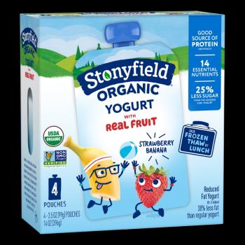 Box of Stonyfield Organic Yogurt Pouches with a banana and strawberry High-fiving.