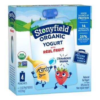 box of Stonyfield Organic Kids Strawberry Banana Lowfat Yogurt Pouches