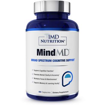 Blue bottle with white label of 1MD Nutrition MindMD