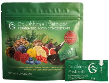 green bag that has pouches of postbiotics in it