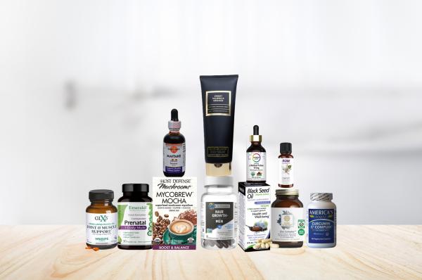 assortment of supplements and body care products
