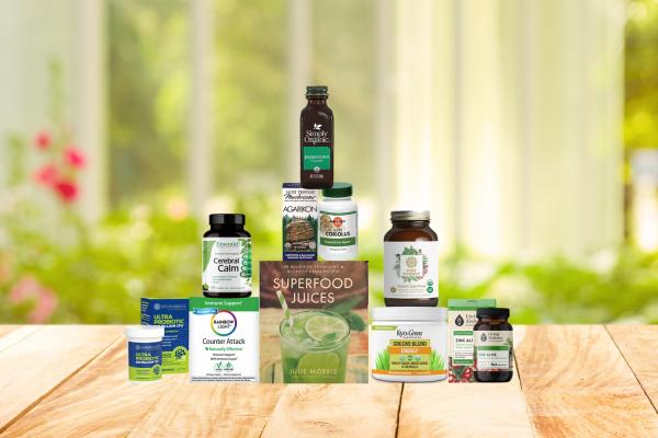 assortment of all-natural products and a cook book