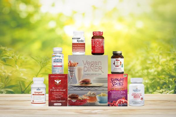 assortment of all-natural products and a cook book