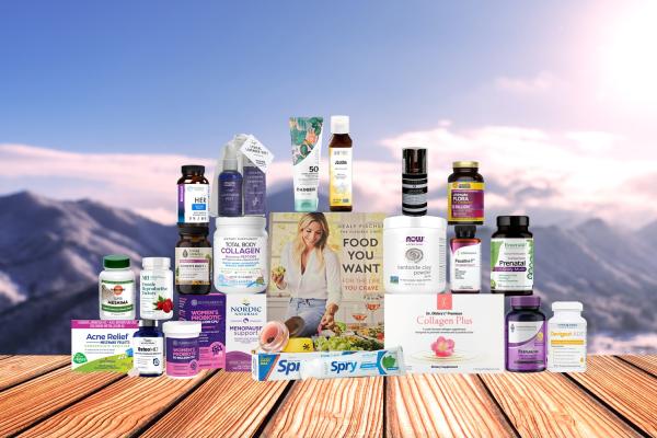 assortment of supplements and body care products