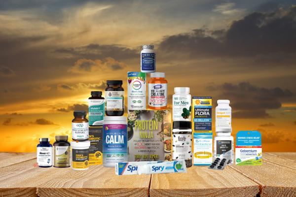 assortment of all-natural products and a cook book