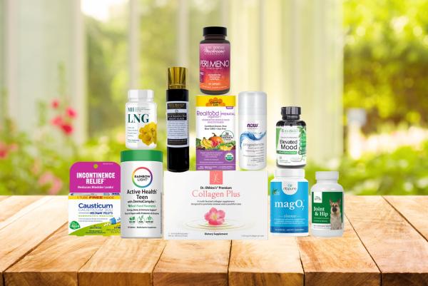 assortment of supplements and body care products
