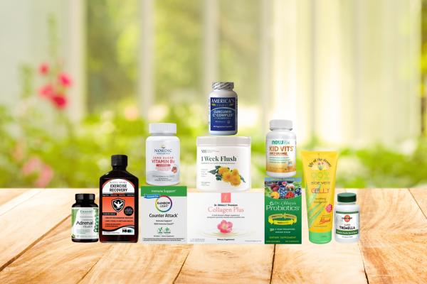 assortment of supplements and body care products