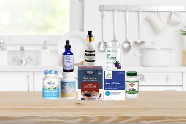 a selection of all-natural remedies, supplements, and tea