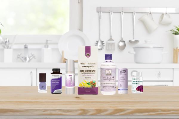 a selection of all-natural supplements, superfoods, cosmetics, and body care products