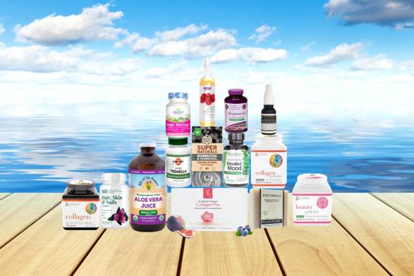 a selection of all-natural supplements and body care products for beauty