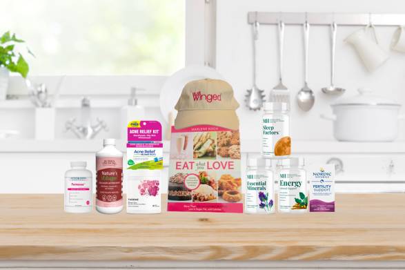 a wide variety of supplements for women's health, a recipe book, and a free hat