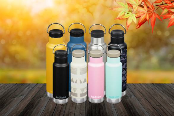 a huge collection of insulated bottles with travel caps