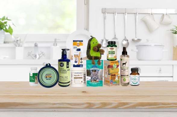 a collection of all-natural foods and toys for pets