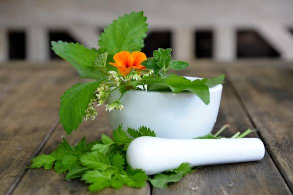 fresh herbs in a mortar and pestle