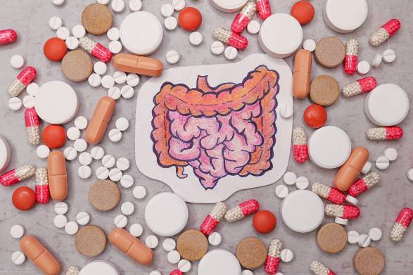 a drawing of the digestive system, surrounded by tablets and capsules