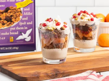  Yogurt Parfait on wooden cutting board