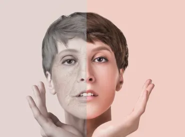 a woman whose face is half young and half old