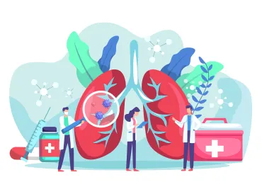 An illustration of doctors and scientists examining lung health.
