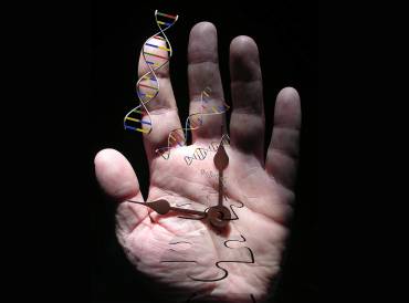 a senior's hand with a clock, puzzle pieces, and strands of DNA