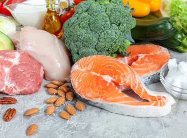 Keto-friendly foods, such as meat, nuts, oil, eggs, fruit, and vegetables