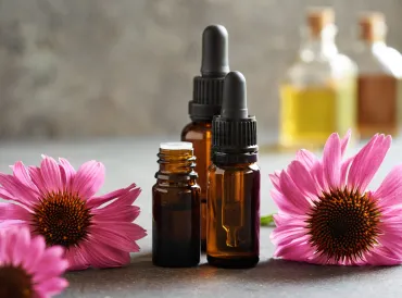 3 small amber bottles surrounded by purple echinacea blossoms