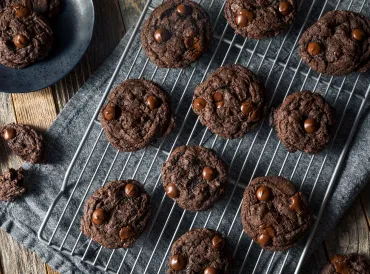 Homemade Chocolate Lovers Double Fudge Cookies fresh out of the oven.