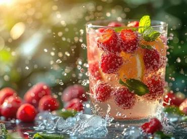 a glass of iced tea with berries and citrus slices