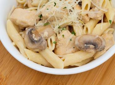 A plate of chicken marsala with mushrooms