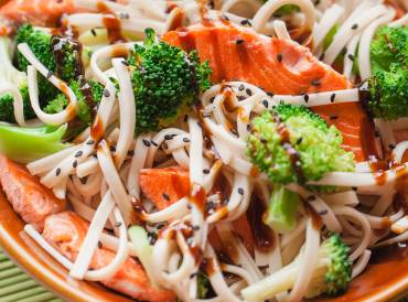 Hoisin-Glazed Salmon and Broccoli with Rice Noodles