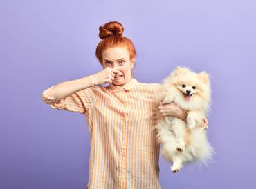a woman pinching her nose while holding a stinky dog