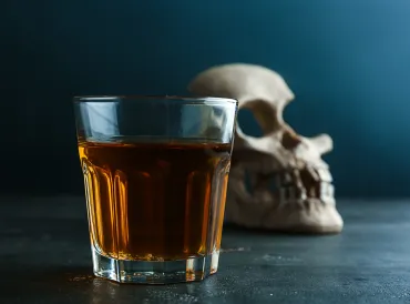 Glass of whiskey with skull on table