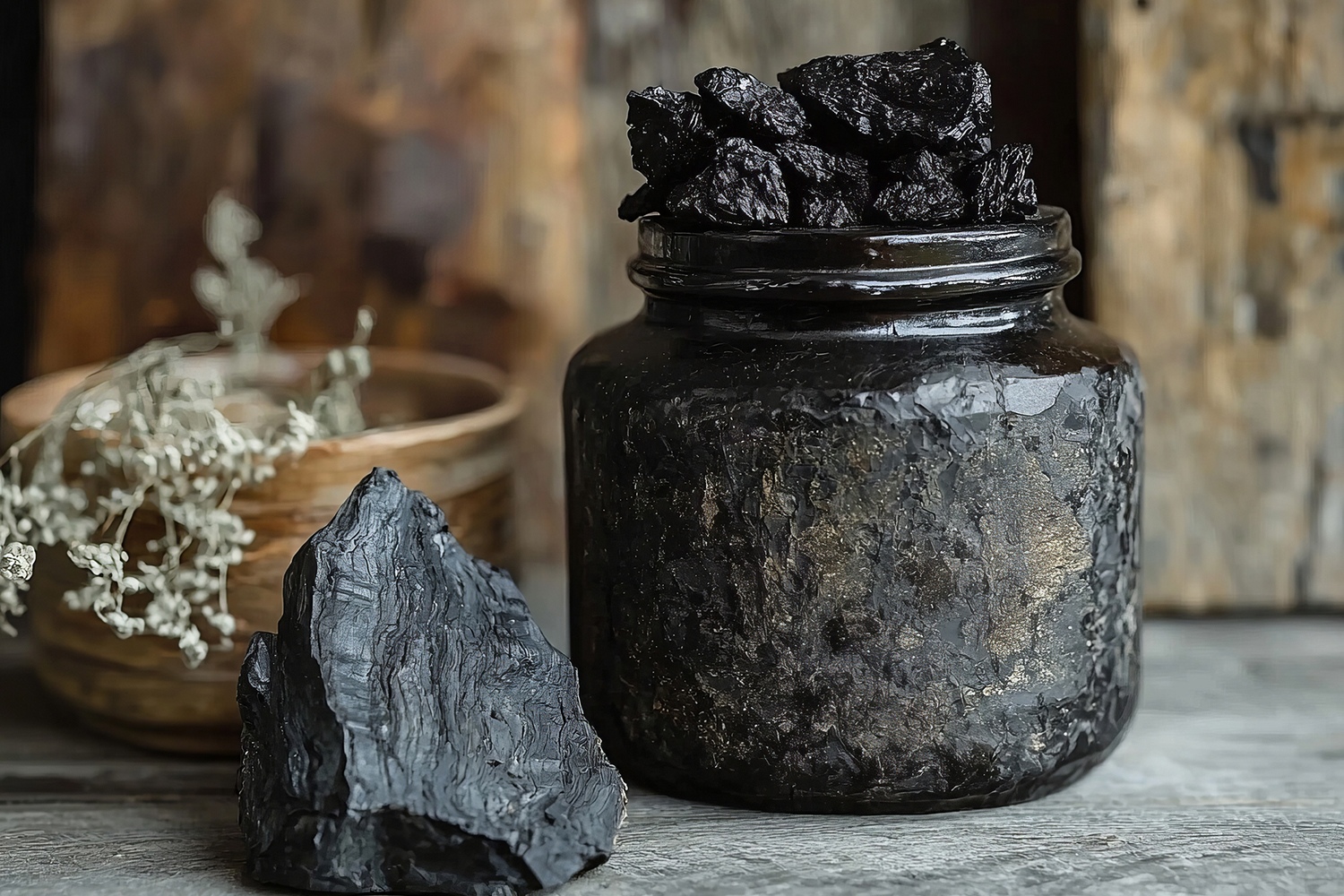 shilajit resin in a jar paired with a raw mineral stone